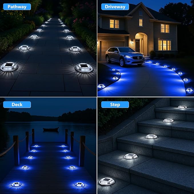 Solar Deck Lights,8 Pack Driveway Dock Light 2 Colors in 1 Solar Powered Lights Outdoor IP68 Waterproof Driveway Marker for Warning Step/Garden/Sidewalk/Pathway/Yard (Blue & Cool White)