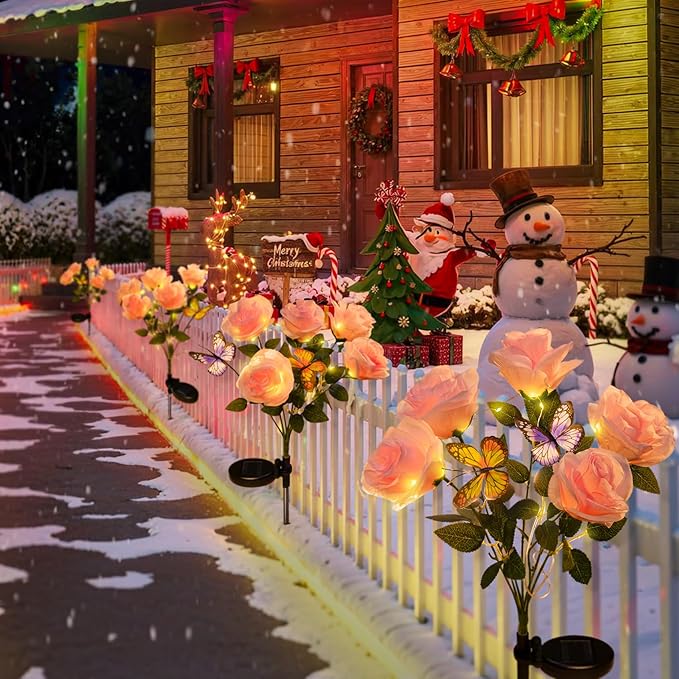 Solar Lights Outdoor- 2 Pack Garden Lights Outdoor Waterproof with 10 Flowers and 4 Butterflies, Solar Decorative Lights for Garden, Patio, Yard (Pink)