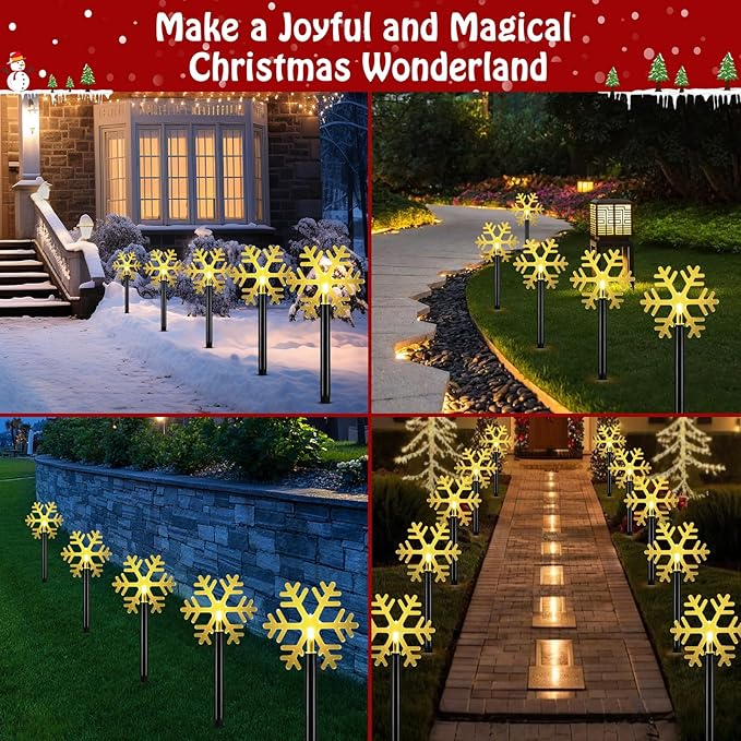 Lewondr Solar Christmas Pathway Lights, 5 PCS Solar Christmas Decorations Outdoor with 2 Lighting Modes, Clear Snowflake Lights with Garden Stake, Waterproof Garden Yard Lawn Patio Holiday Decor