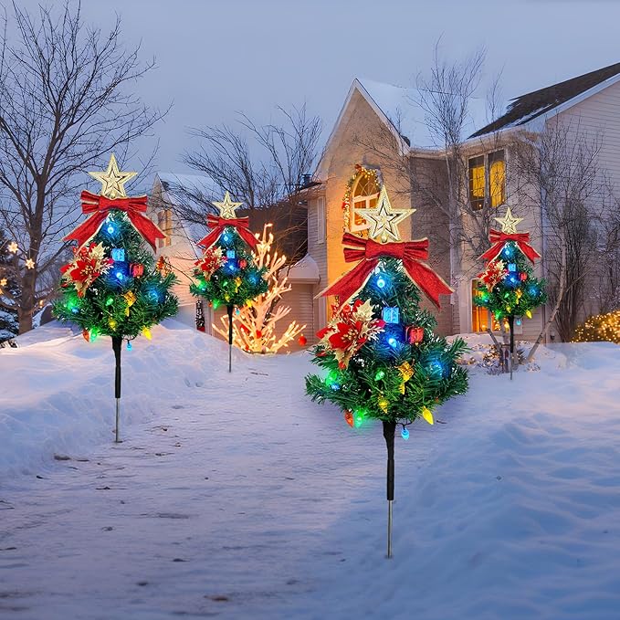 Solar Christmas Tree Pathway Lights Outdoor, Set of 4 Solar Christmas Tree, 80 Outdoor LEDs Xmas Pathway Lights, Garden Decor DIY Xmas Tree Gift (Multicolor)