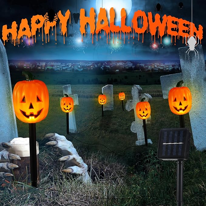 Retisee Halloween Pumpkin Pathway Markers Lights Solar Powered Pathway String Lights Light up Jack O Lantern Pumpkin Garden Stakes for Yard Lawn Tree Patio Walkway Driveway Party Decor (20 Pcs)