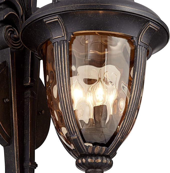 John Timberland Bellagio Outdoor Wall Light Fixture Veranda Bronze Aluminum Double Arm 27 1/2" Champagne Hammered Glass for Exterior House Porch Patio Outside Deck Garage Yard Front Door Home