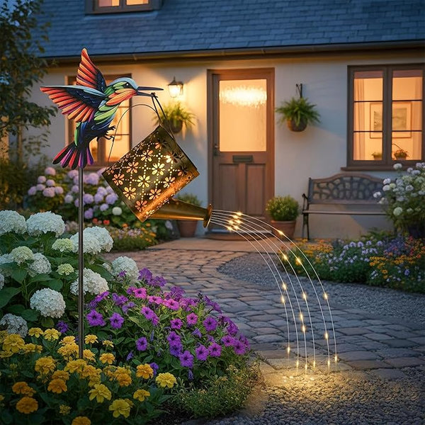 Solar Watering Can with Cascading Lights Outdoor Garden Decor,Solar Hummingbird Lights Shaped Hook Gardening Gifts | Lumora