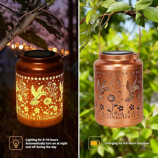 Gifts for Women Mom, 2 Pack Solar Lanterns Outdoor Garden Solar Lights Waterproof Hummingbird Decorative Hanging Metal Lights Gardening Gift for Outside Yard, Patio, Backyard, Farm