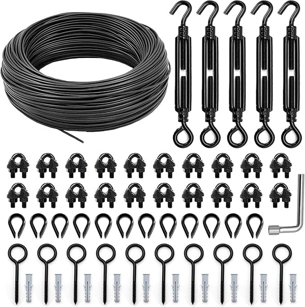 String Light Hanging Kit Outdoor, Full Black String Light Wire Hanging Kit Includ 100FT PVC Coated Steel Cable | Lumora
