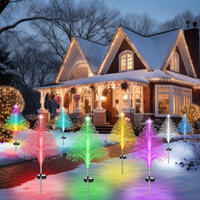 Baquler 8 Pcs Solar Christmas Tree Lights Waterproof Outdoor Pathyway Stake Light 7 Lighting Modes Fireworks Christmas Stake Light Decoration for Holiday Yard Walkway Garden Path Decor