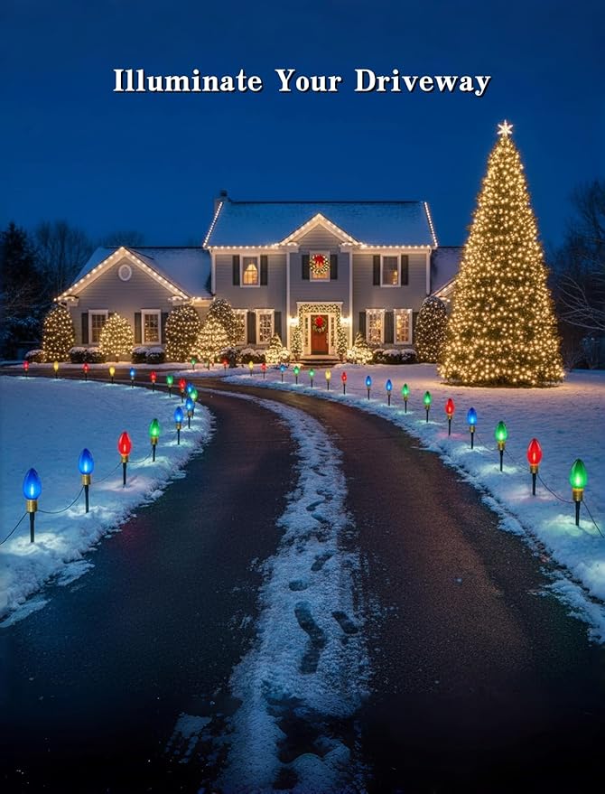 C9 LED Christmas Pathway Lights 7Ft Multicolor Pathway Christmas Lights Walkway Light Outdoor with 4 Colorful Clear Bulbs, Connectable Holiday Commercial Xmas Decoration- Green Wire