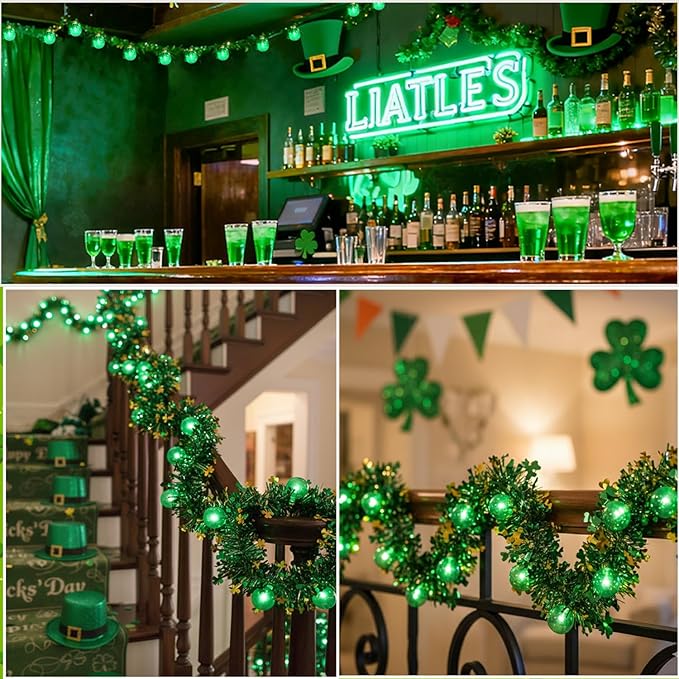20FT St Patrick's Day Garland Lights, Plug in Outdoor Green Global String Lights and Tinsel Shamrock Garland Set, Parallel Connectable for Home Garden Irish Saint Patrick Party Decorations