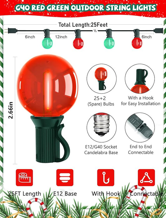25Ft Outdoor Red/Green Christmas Lights, G40 Globe Patio String Light with 25 Shatterproof Bulbs(2 Spare), Outside Christmas Vintage Lights for Holiday Party Backyard Porch Decor, Green Wire