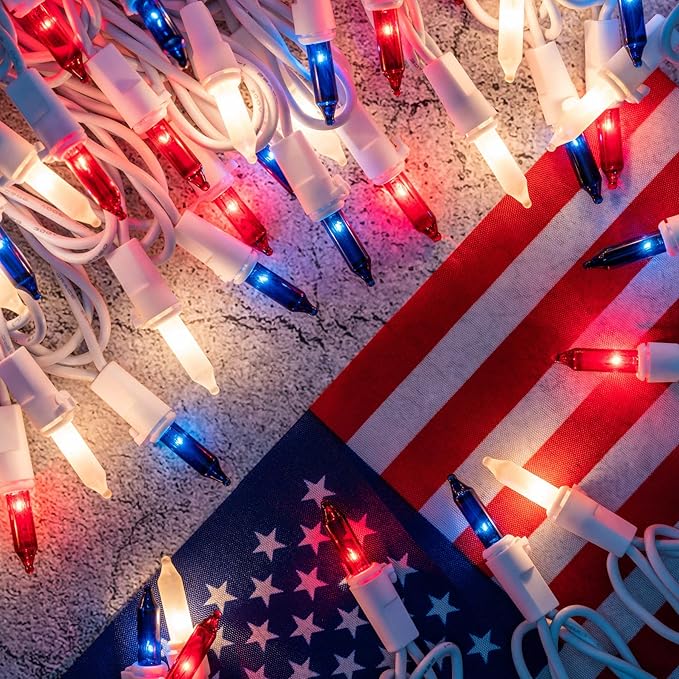 YULETIME 200 Red, White & Blue Christmas Lights, Pack of 2 Sets 33 Feet 100 Count Incandescent-Like LED Mini String Lights (Red, White & Blue - White Wire)