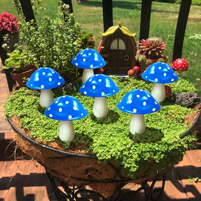 6-Pack Blue Solar Garden Lights, Solar Powered Mushroom Stake Lights for Outdoor Yard Decor, Waterproof Garden Ornaments for Backyard Lawn Deck Landscape Fence Christmas Halloween Decorations
