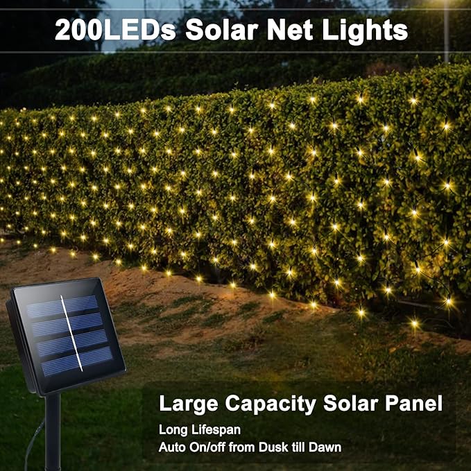 Solar LED Net Lights 9.8 x 6.6Ft, 200 LEDs Net Mesh Lights, Solar Outdoor Bush Mesh Light Dark Green Cable with 8 Modes for Trees Bushes Garden Yard Decoration - Warm White