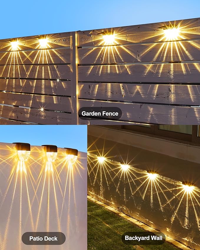 Solar Fence Lights,80 Lumens Warm White & White LED Solar Deck Lights,IP65 Waterproof Solar Lights Outdoor for Backyard, Patio, Deck Railing, Stair Handrail, Pool and Wall,8 Pack