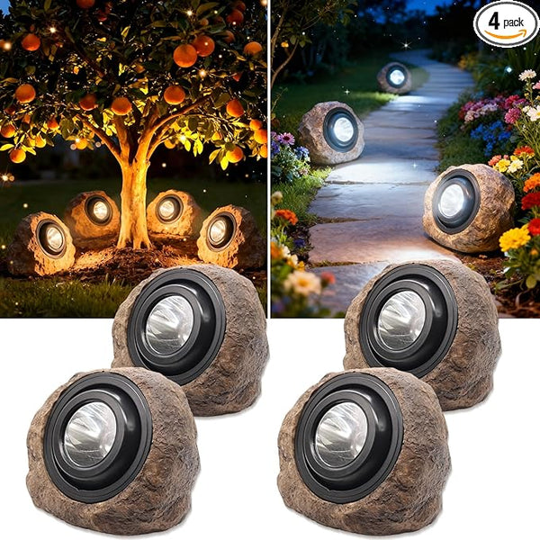 Solar Rock Lights Outdoor,4 Pack IP65 Waterproof LED Solar Brown Garden Stone Spotlights,Warm White & Cool White | Lumora