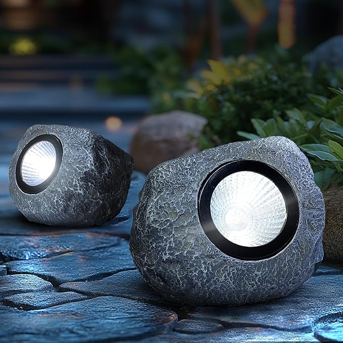 4 Pack Solar Garden Rock Lights Outdoor, 20 LM Bright White Spotlights with Auto On/Off, IP65 Waterproof 6000K Led Solar Powerd Landscape Stone Lights for Pathway Walkway Yard Patio