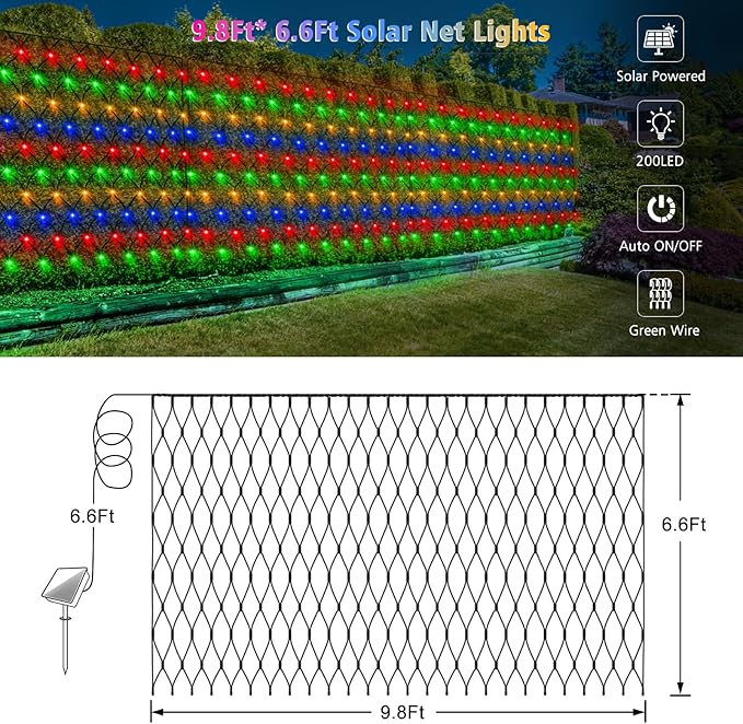 echosari Solar Powered Net Lights, 200 LED 9.8Ft x 6.6Ft Bush net Lights Dark Green Wire Auto On/Off 8 Modes for Bushes Shrubs Lawn Decor (Multicolor)