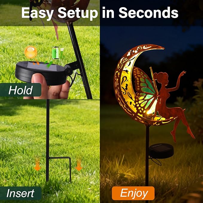 Tremdwoto Solar Garden Lights Outdoor, Metal Fairy Butterfly & Moon Decor - Cracked Glass Solar Stake with Gradient Wings, Gift for Mother's Day, Housewarming, Patio, Yard & Pathway Decorations