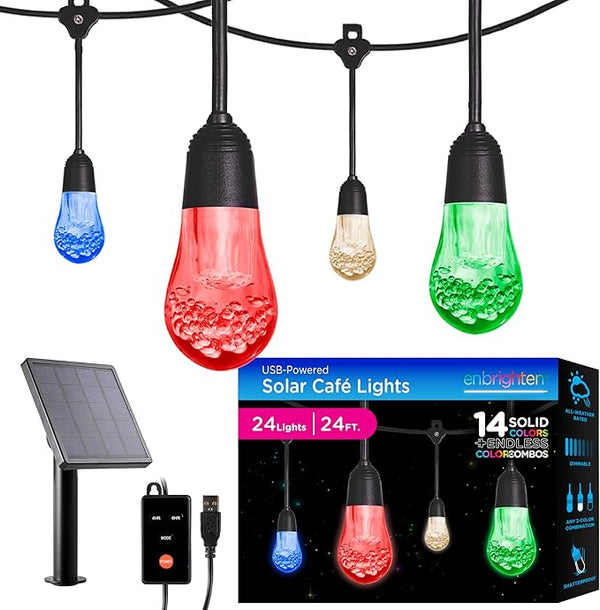 Enbrighten USB Color Changing String Lights with Solar Panel, 24ft Black Cord, 24 Acrylic Bulbs, Weatherproof | Lumora