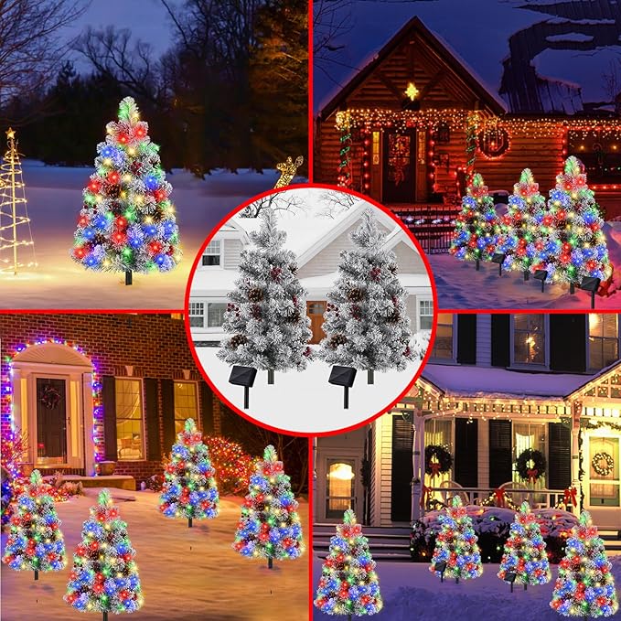 Brightever 3FT Solar Outdoor Christmas Tree, 68LED Snow Flocked Solar Cemetery Christmas Decorations with 8 | Lumora
