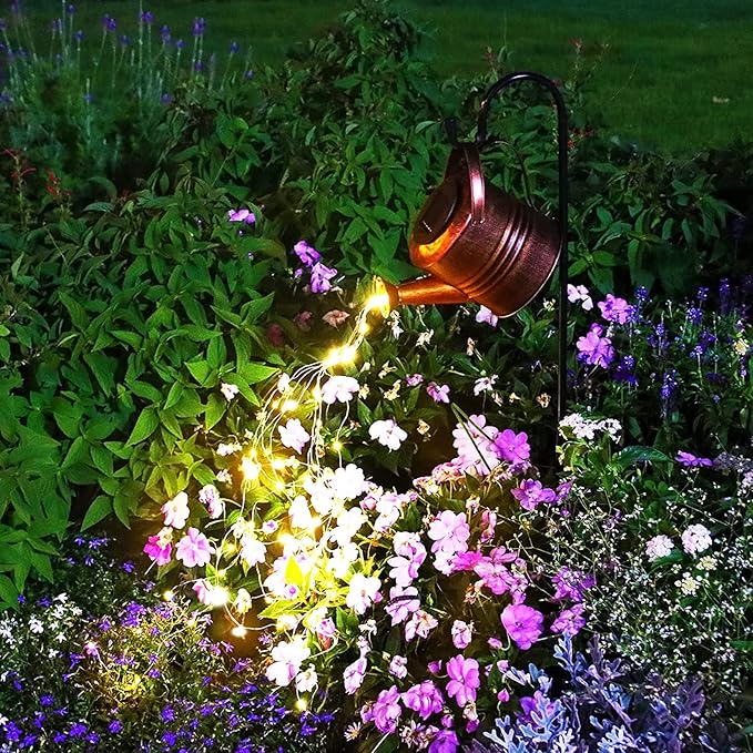 Solar Watering Can with Cascading Lights Solar Waterfall Lights Outdoor Yard Decoration Waterproof Enchanted Watering Can for Fairy Garden Lawn Path Yard Patio Art Romantic Atmosphere