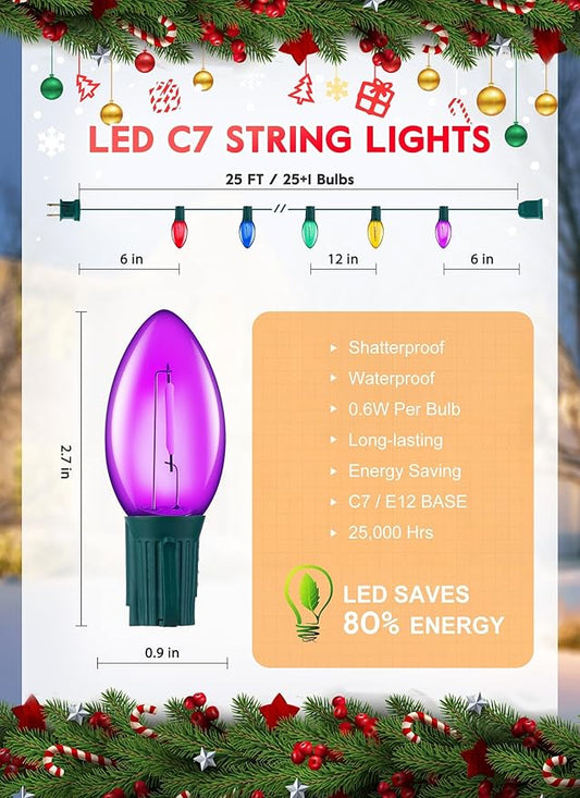 Multicolor C7 LED Christmas String Lights, 25FT Vintage Christmas Lights, Connectable Commercial Tree & Roofline Garden Wedding Decor