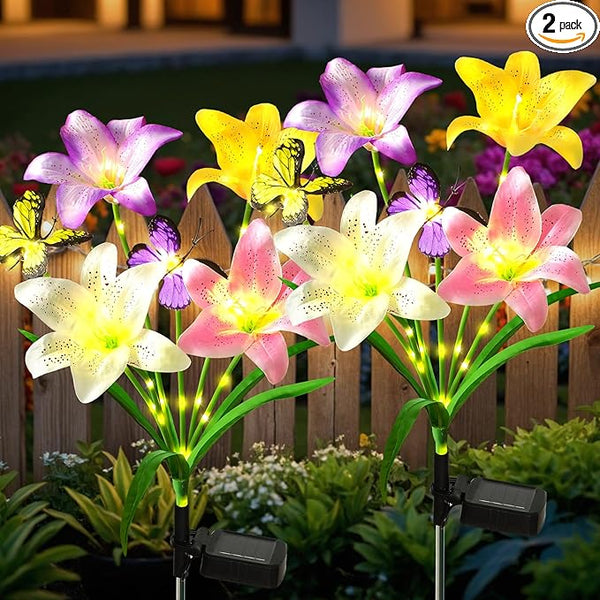 Alynsehom 2 Pack Solar Garden Lights, 29in Outdoor Waterproof Solar Flower Lights with 8 Lilies 4 Butterflies | Lumora