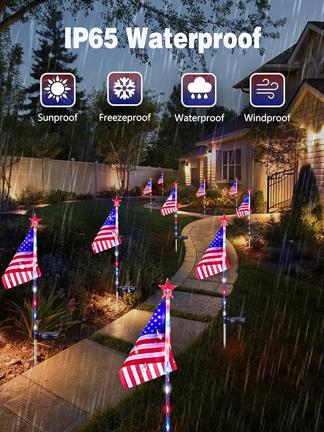 10 Pack American Flag Solar Lights Outdoor, 4th of July Decorations with 2 Modes, Waterproof Solar Flag Patriotic | Lumora