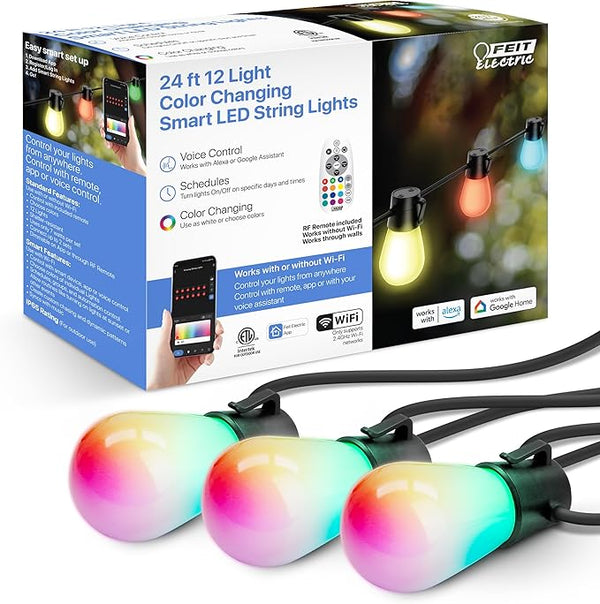 Feit Electric 24ft Smart Outdoor String Lights, 12 Socket Color Changing Works with Alexa/Google Assistant, Heavy | Lumora