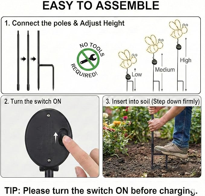 Touch Of ECO Outdoor Solar Powered LED Decorative Garden Stake Light - 2 Pack Warm White Bee Design - Great Decor for Yard, Patio, Lawn, Planter-Makes a Great Gift