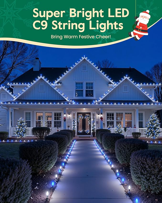 C9 LED Christmas Lights Outdoor with 100 Spring Clips, 65FT 100 LED C9 String Lights Waterproof Connectable for Roofline Patio House Yard Windows Xmas Tree Indoor Outdoor Christmas Decor, Blue White