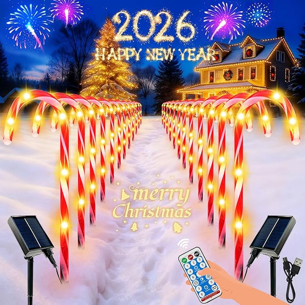 BOSSERN Upgraded 24 Pack Candy Cane Solar Christmas Lights Waterproof, Rechargeable Pathway Lights with Remote | Lumora