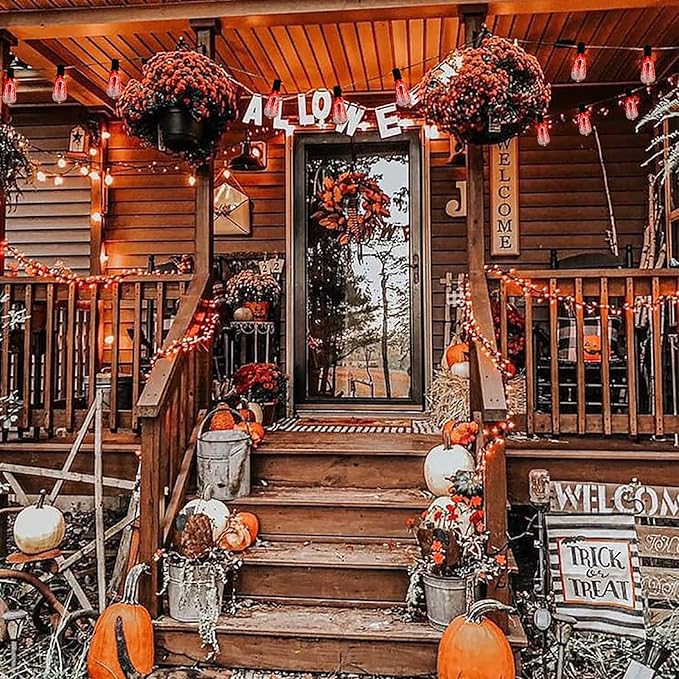 Halloween Decorations Lights, 10Ft Flicker Flame Halloween String Light with 10 Flicker Flame ST40 LED Bulbs, Outdoor Spooky Lights for Patio Balcony Party Decoration, Black