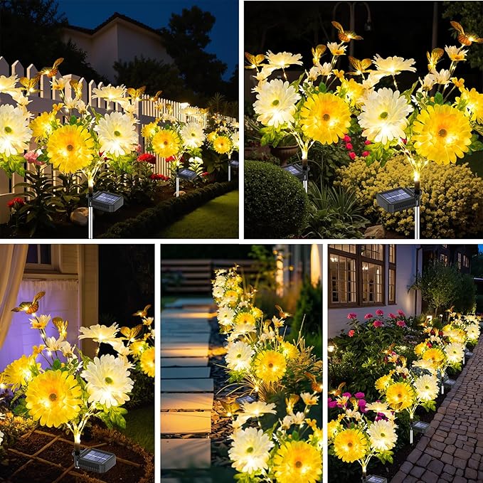 Solar Garden Light 6 Packs, 120 LEDs Outdoor Solar Lighting with Daisy and Butterfly, Waterproof Outdoor Garden Light for Patio, Courtyard, Pathway Decoration (Yellow)