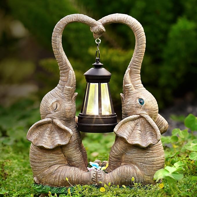 Elephant Statue Garden Decor with LED Solar Lights-Set of 2 Good Luck Elephant Outdoor Statue Elephant Gifts for Women Garden Statues for Yard Patio,Porch,Home for Women