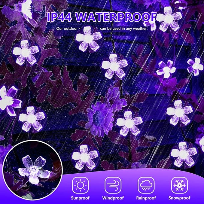 Purple Flower Fairy String Lights on Black Wire, Plug in Connectable 33FT 100 LED Waterproof with 8 Modes for Indoor Outdoor Christmas, Valentine's Day, Wedding Party & Patio Balcony Ambiance