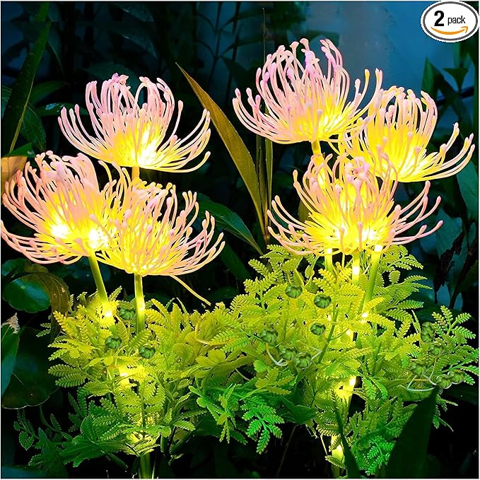 Solar Garden Lights Outdoor Decorative, 2 Pack Solar Garden Lights with Glowing Flowers & Stems, Warm LED Waterproof Solar Powered Garden Decor for Patio Yard Pathway Decoration