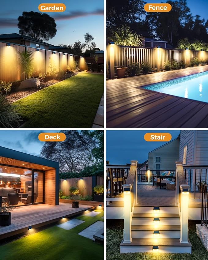 4 Pack Solar Fence Lights Waterproof, Motion Sensor Deck Outdoor, Warm White LED for Wall Yard Steps Stairs Garden | Lumora