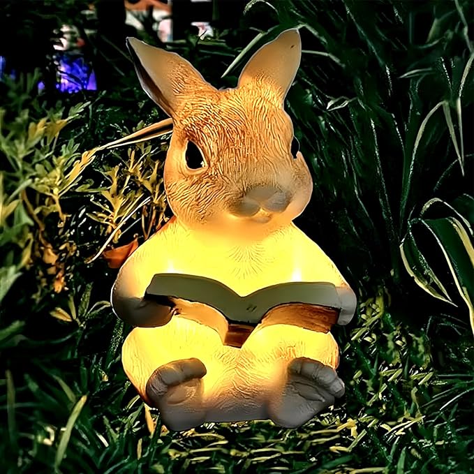Garden Bunny Statue Solar Lights, Rabbit Outdoor Decor Stake Light, Egg Rabbit Figurines Decor for Patio Balcony Yard Lawn, Bunny Gardening Gift for Women, Mom, Grandma