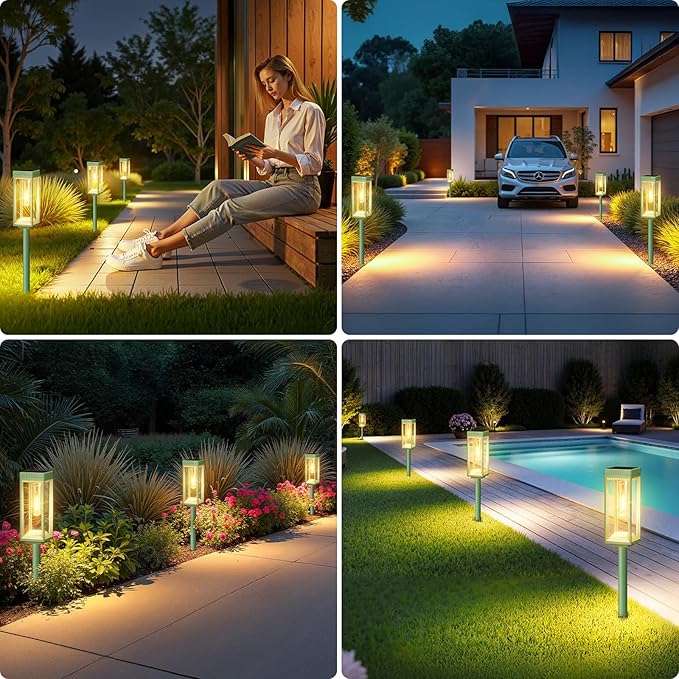 Bright Solar Pathway Lights Outdoor Waterproof, 4 Pack Upgraded Solar Lights, 15+ Hours Runtime Garden Light, Auto On/Off, Lighting for Outside Yard Walkway Driveway Landscape, Warm White-Green Shell