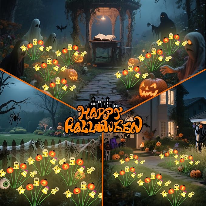 Halloween Solar Garden Lights Outdoor, 4 Pack 24 LED Firefly Swaying Lights with Pumpkin Ghost Skeleton Tombstone Decor, 6 Heads Waterproof Pathway Yard Lawn Graveyard Decorations(4 Pack-HW LEDs)