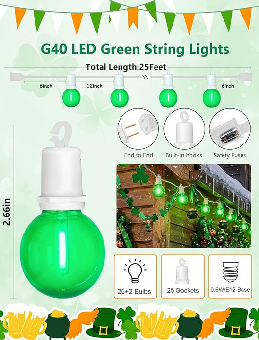 G40 LED St. Patrick's Day String Lights Outdoor, 25Ft St Patricks Decorations Lights Outdoor with Clear Green Round Bulbs, Hanging Patio Lights Shatterproof for Indoor Home Decor Party, White Wire