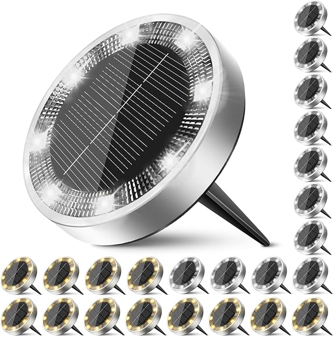 Peasur Solar Ground Lights Outdoor, 24 Pack Flat Solar Powered Disc Lights, IP68 Waterproof, Anti-Rust, Landscape | Lumora