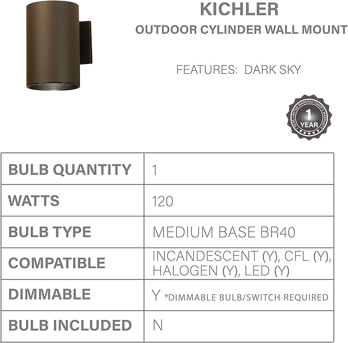 Kichler 9236AZ Outdoor Cylinder Wall Mount Sconce DownLight, Bronze 1-Light (6" W x 8" H) 120 Watts
