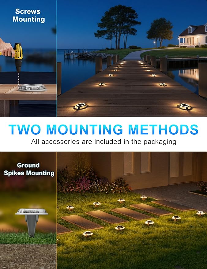 VOLISUN Solar Driveway & Deck Lights 8 Pack Waterproof Dock & Marine Ground Lights,2-in-1 Warm White & White LED,Solar Marker for Pathways,Steps,and Warning Signs,Auto On/Off