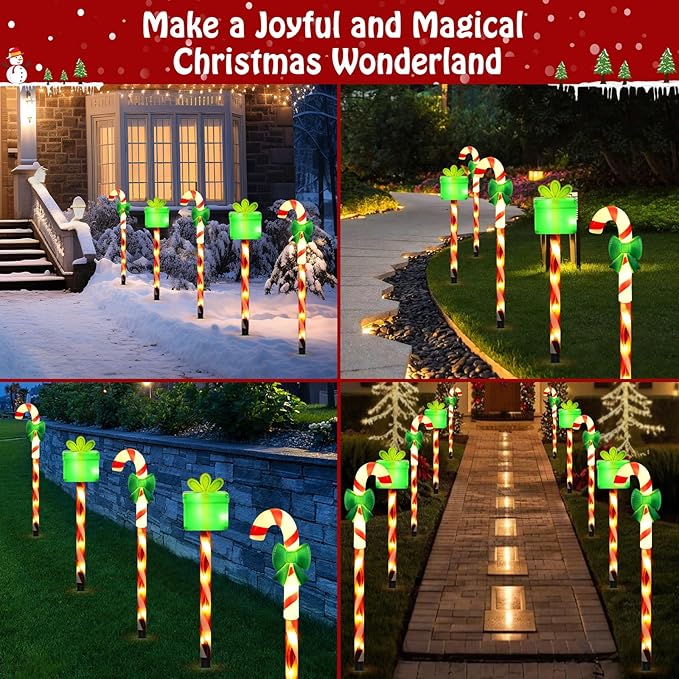 Lewondr Solar Christmas Pathway Lights, 5 PCS Solar Christmas Decorations Outdoor with 2 Lighting Modes, Cane and Gift Box Lights with Garden Stake, Waterproof Garden Yard Lawn Patio Holiday Decor