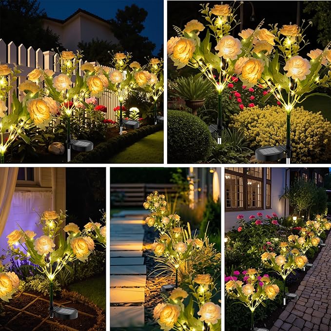 6 Pack Solar Garden Lights Outdoor, 42" Tall 42 LEDs Hibiscus Solar Flower Lights, IP65 Waterproof Decorative Landscape Lighting for Pathway Patio Yard Walkway Decor (Warm White)