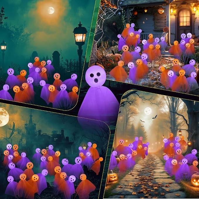 VIHOSE 6 Packs Halloween Solar Lights Outdoor 36 LED Solar Ghost Pathway Lights Waterproof Spooky Ghost Path Light Outdoor Halloween Decorations for Outside Garden Lawn Yard Decors (Purple Orange)