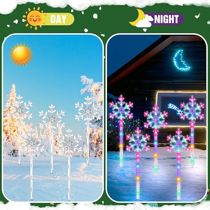 Retisee 10 Pack Snowflake Christmas Lights for Pathway Markers Lights Outdoor 27'' Peppermint Snowflake Pathway Decorations with Bows for Holiday Yard Lawn Walkway(Colorful)