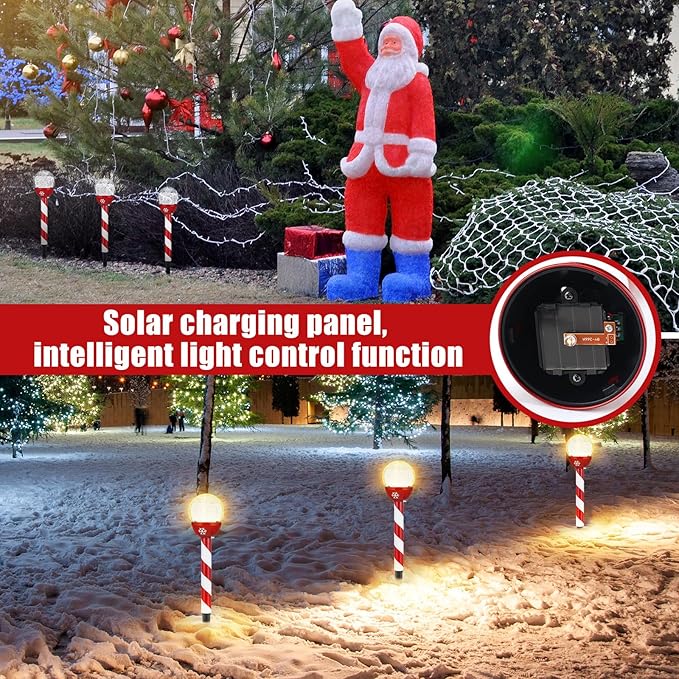 6 Pcs Christmas Solar Pathway Lights Outdoor Stainless Steel Solar Candy Cane Path Torch Lights for Yard Patio Garden Outside Walkway Driveway Landscape Stakes Xmas Outdoor Decorations