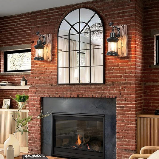 Rustic Wall Light Fixtures Vintage Wall Sconces Sets of 2 Farmhouse Antique Wooden Lamp with Clear Glass Indoor Lighting Black Bedside Sconces Lighting for Bar Cafe Barn Stairs